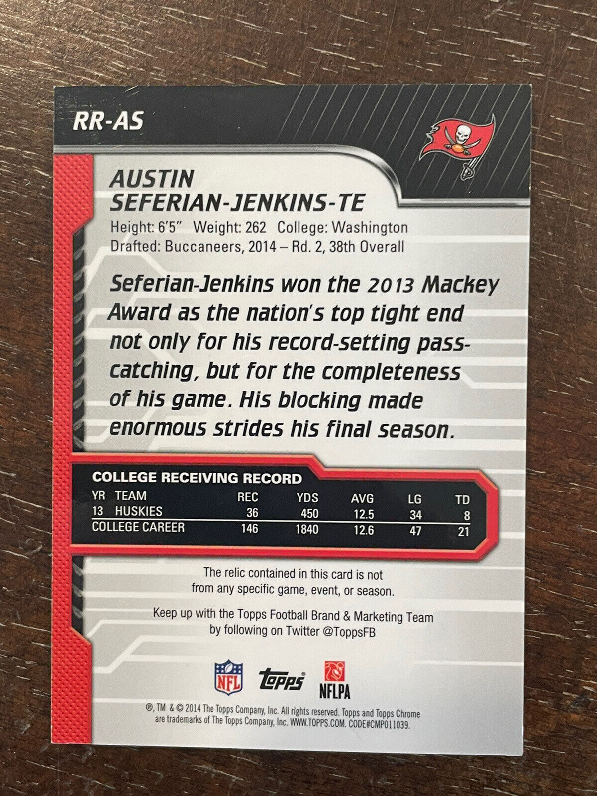 2014 Topps Chrome Austin Seferian-Jenkins 1/1 Rookie Relic Patch RC TRUE 1/1