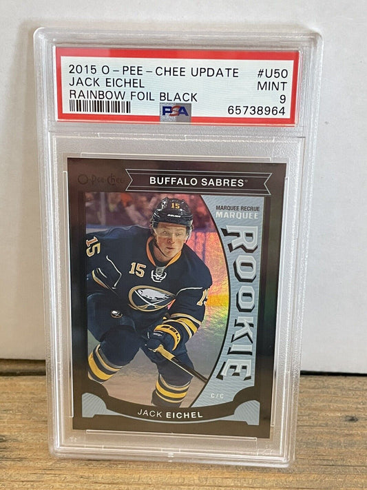 2015 O-Pee-Chee Update Black Rainbow Foil /100 Jack Eichel Rookie RC #U50 ~PSA 9